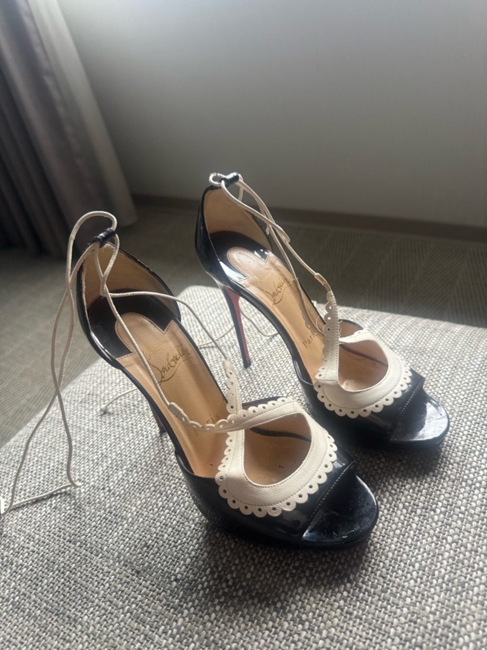Christian Louboutin Black and Cream Scalloped Lace-Up Peep Toe Stilettos